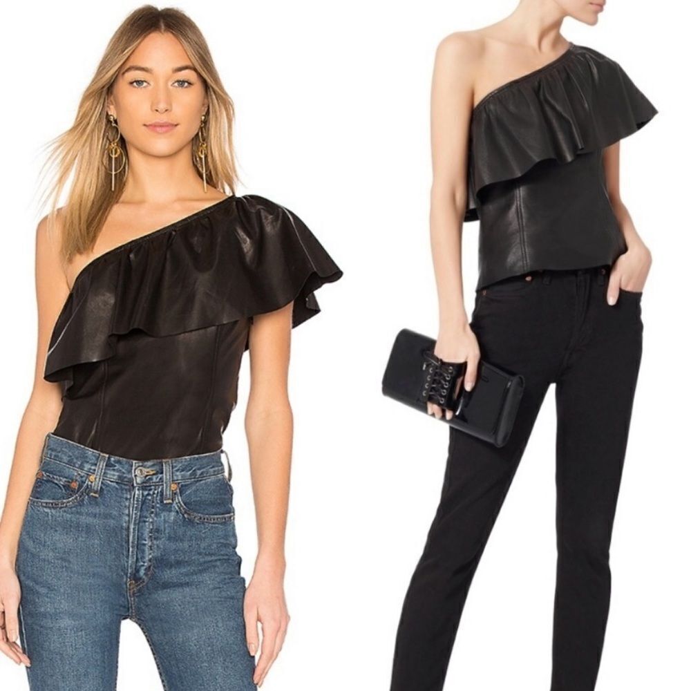 NWT A.L.C. Davos Lamb Leather Black Crop Top One Shoulder Ruffle Size 0